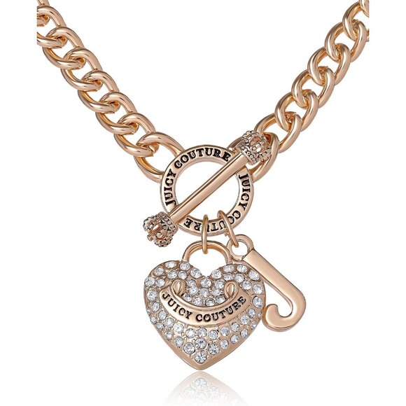 Juicy Gold-Tone Heart Logo Necklace, 16-18+2", Crystal Embellished, Lobster Clas - Picture 1 of 7